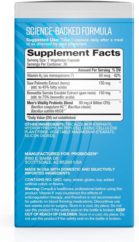 Probiogen Men’s Vitality Probiotic - Smart Spore Technology, DNA Verified, 100X Better Survivability, 30 Count