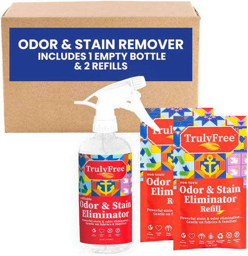 2-Pack TrulyFree Odor & Stain Eliminator - Includes Empty Refillable 16oz Spray Bottle and 2 Refill Pouches