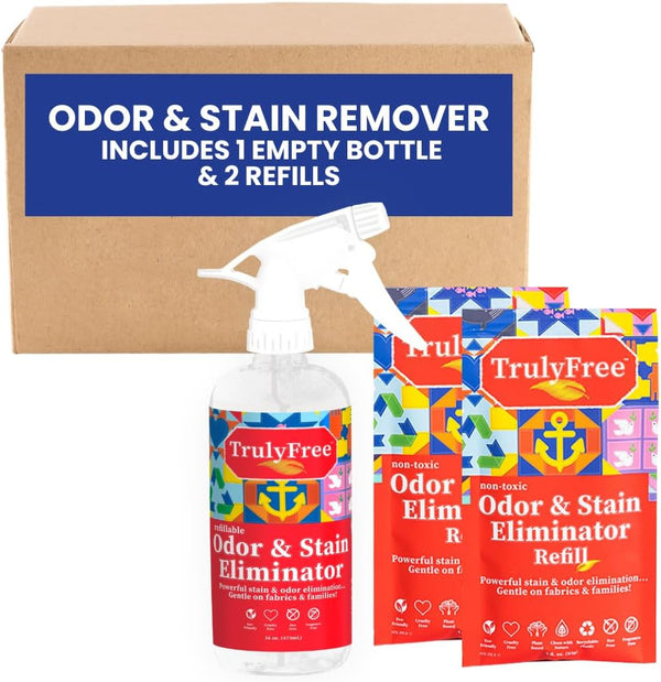 2-Pack TrulyFree Odor & Stain Eliminator - Includes Empty Refillable 16oz Spray Bottle and 2 Refill Pouches