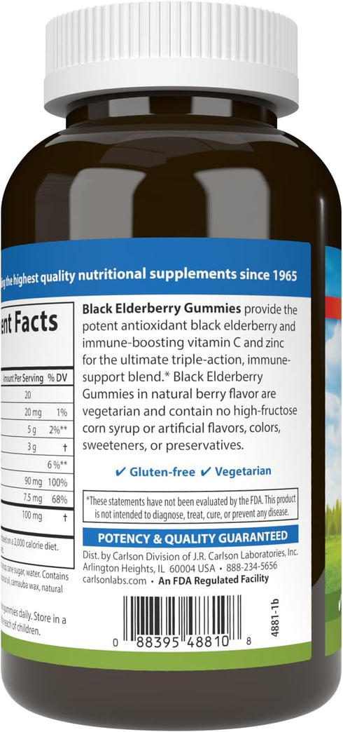 Carlson Black Elderberry Gummies with Vitamin C & Zinc, Immune Support, 120 Gummies