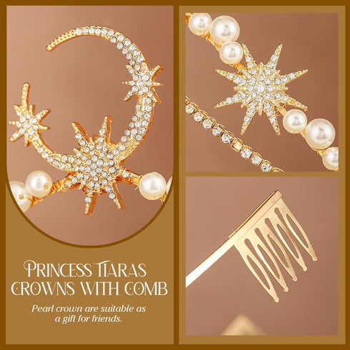 Yean Moon Star Wedding Headband, Gold Rhinestone Pearl Headpiece, Crystal Bridal Hair Accessories for Women and Girls