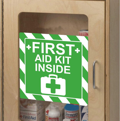 Green First Aid Kit Sign Decals, 4 Inch Adhesive Safety Sign, UV Resistant, 8 Pcs Industrial Warning Decal for Trucks