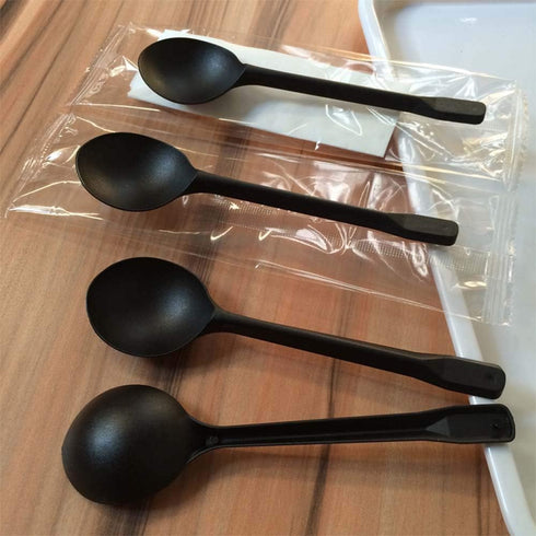 150 Pack Large Disposable Plastic Spoons, Heavy Weight Individual Wrapped Teaspoons for Soup Dessert Ice Cream (Black,