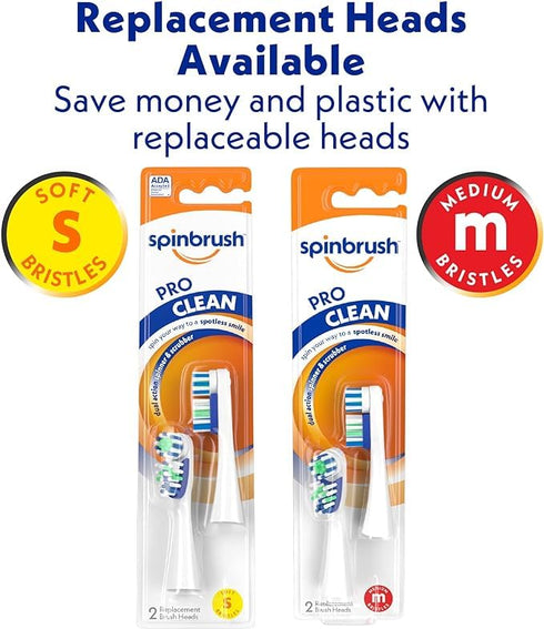 Spinbrush Pro Clean Replacement Toothbrush Heads, Soft Bristles, Dentist Recommended, 4-Pack