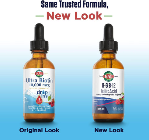 KAL Vitamin B-6 B-12 Folic Acid DropIns, Liquid Vitamin B Supplement Drops, 2oz, 59 Servings, Natural Mixed Berry