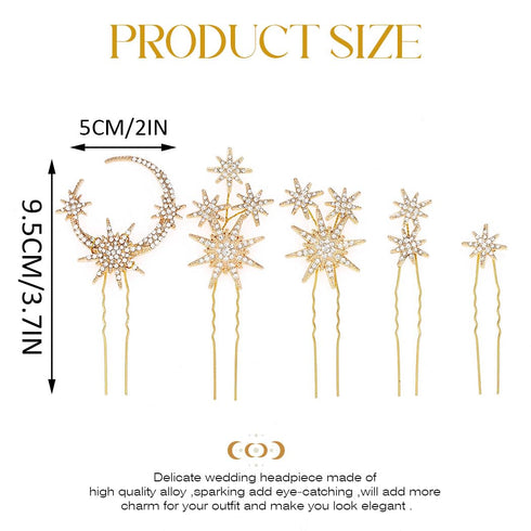 Unicra Star Moon Bride Wedding Hair Pins Crystal Bridal Hair Pieces Rhinestone Goddess Hair Accessories for Women and Girls (Pack of 5) (Gold)