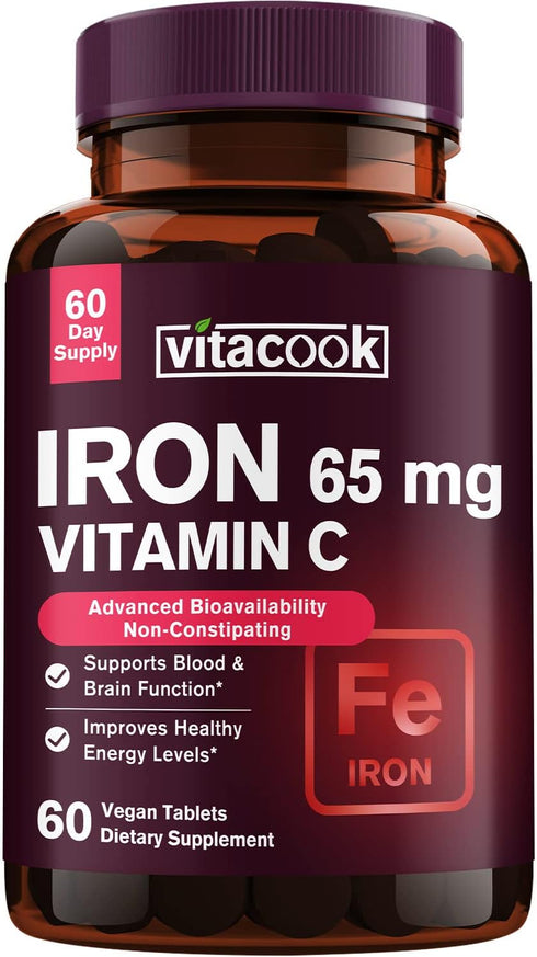 Iron Supplement for Women Men, High Potency 65mg with Vitamin C 250mg, Vegan, Non-GMO, 60 Tablets