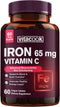 Iron Supplement for Women Men, High Potency 65mg with Vitamin C 250mg, Vegan, Non-GMO, 60 Tablets