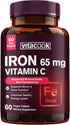 Iron Supplement for Women Men, High Potency 65mg with Vitamin C 250mg, Vegan, Non-GMO, 60 Tablets