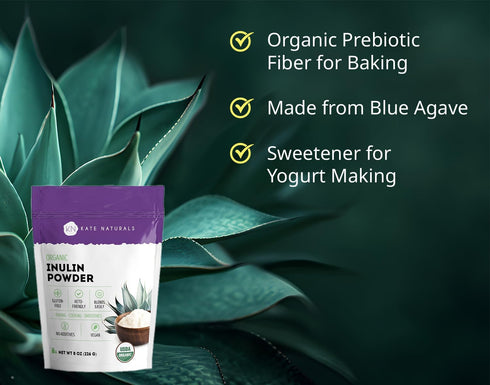 Kate Naturals Inulin Powder Organic for Prebiotic Fiber and Gut Health. Mix Well with Coffee & Smoothies (8oz, Organic, Blue Agave)
