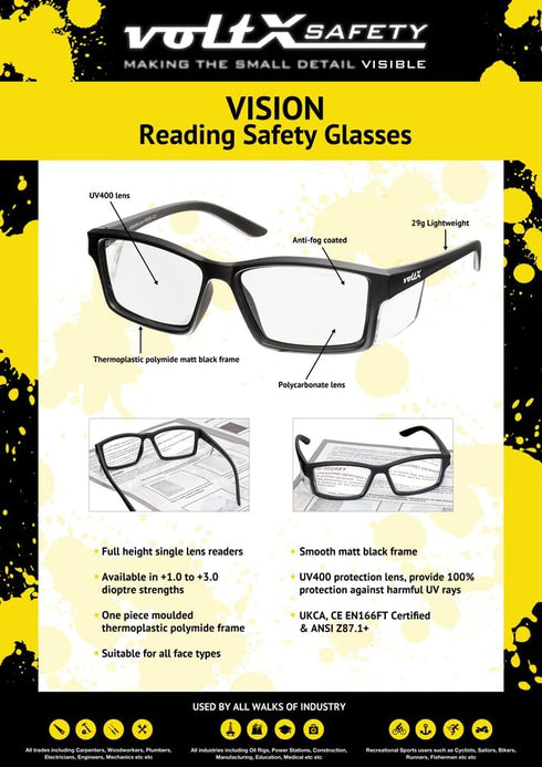 voltX 'VISION' Safety Readers, Full Lens Magnified Reading Glasses (+2.0 Dioptre, Clear lens) ANSI Z87.1+ & CE EN166F