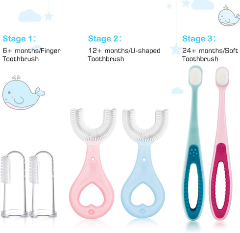 6 in 1 Baby Training Toothbrush Set - Infant to Toddler Toothbrush Oral Care Toothbrush - Food Grade Silicone,Extra Soft Bristles,Perfect for 6+,12+,24+ Months