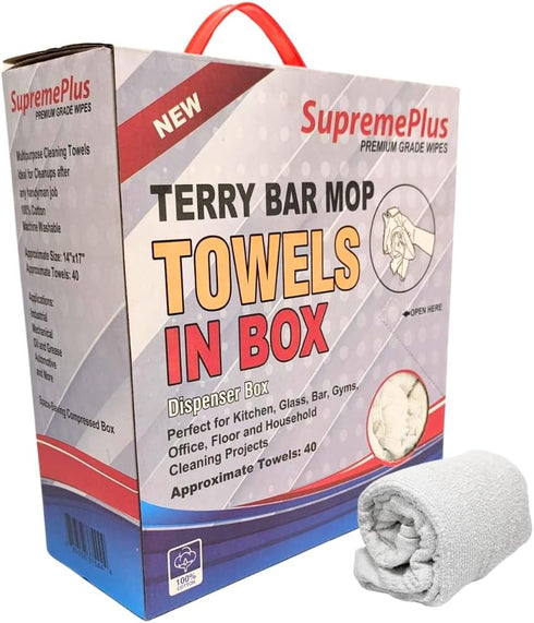 Premium White Terry Bar Mop Towels – Shop Bulk Cleaning Towel in (5 lbs. Compressed Box), 100% Cotton 14x17 Inch Rag, Wipe Kitchen, Glass, & Counter, for Home, Restaurant & Commerical by SupremePlus