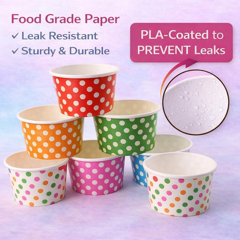 Worlds 8oz 50 pack Paper Ice Cream Cups Polka Dot Paper Yogurt Cups Rainbow