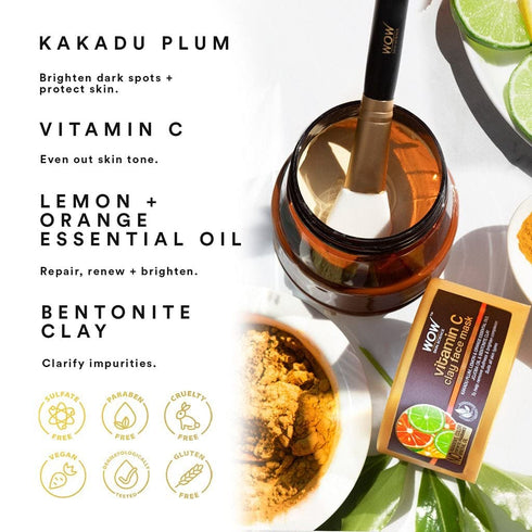 WOW Skin Science Vitamin C Clay Face Mask – Anti-aging, Hydrating, Brightening & Purifying Masque - Pore Refining Bentonite Clay Mask - For All Skin Types - Facial Mask for Dark Spots - 200 ml