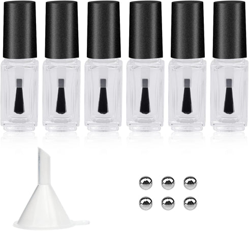 Empty Nail Polish Bottles: 5ML, 6PCS Small Glass Refillable Containers with Round Brush, Mixing Balls & Funnels.