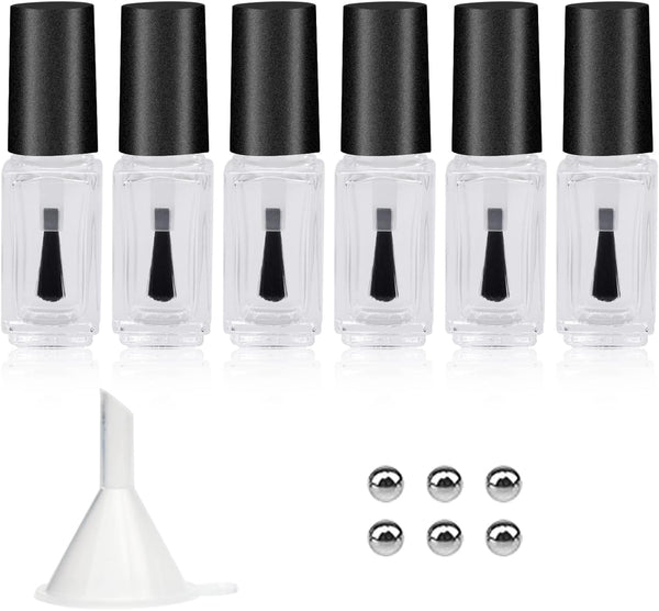 Empty Nail Polish Bottles: 5ML, 6PCS Small Glass Refillable Containers with Round Brush, Mixing Balls & Funnels.