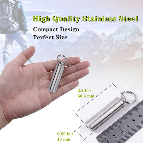 Keychain Pill Holder Container, Portable Waterproof Single Chamber Stainless Steel Pill Box for Outdoor Travel Camping