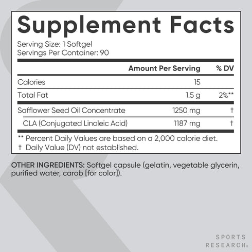 Sports Research CLA 1250mg - 90 Softgels, Active Conjugated Linoleic Acid for Men and Women, Non-GMO, Soy & Gluten Free