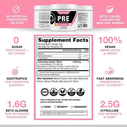 Honey Badger Pre Workout Powder - Keto Vegan Preworkout for Men & Women with Vitamin C, Beta Alanine, Caffeine, Pink