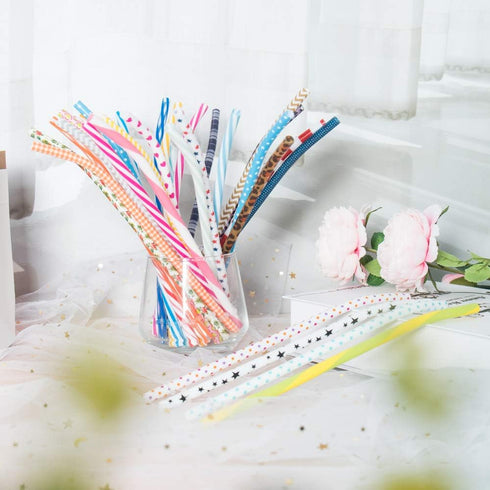 50 Pack Bent Reusable Straws, BPA-Free, 9" Colorful Hard Plastic Stripe Drinking Straw with Cleaning Brush