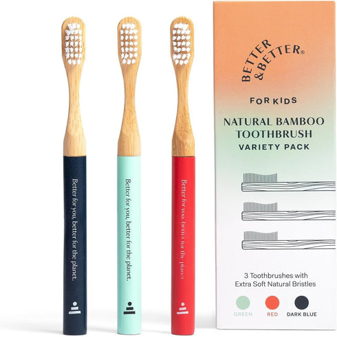 Better & Better Natural Bamboo Toothbrush for Kids, Extra Soft Bristle, Variety Pack of 3