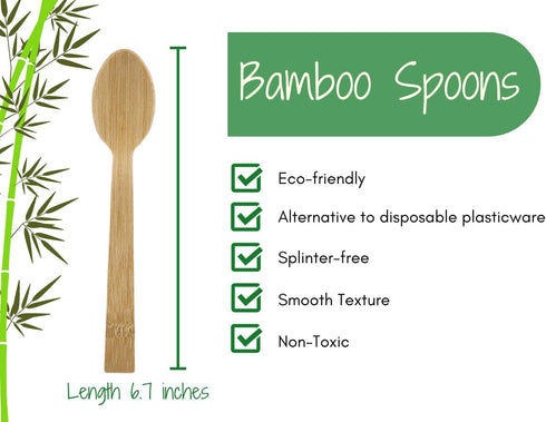 Bamboo Disposable & Compostable Spoons | Biodegradable | 6.7" Eco-Friendly Utensils | 100 Pack