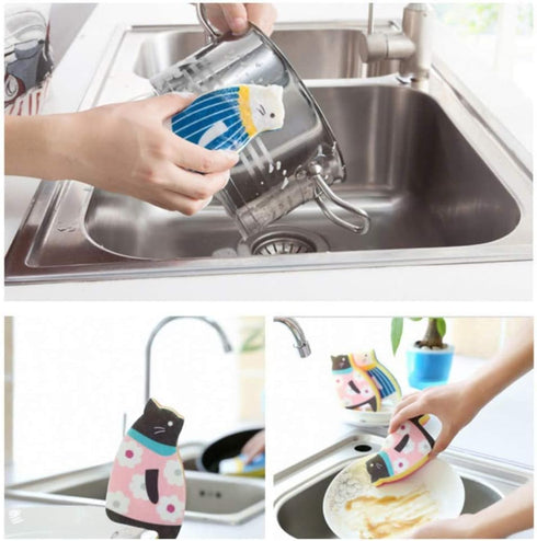 Sink Cat Dish Sponge Scrubber for Washing Dishes, Pack of 4 Dishwashing Cloth Scrubbers (BluePink Set)