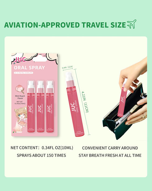 3 Count Mint Breath Spray, Mouth Freshener for All Ages, 0.33OZ (10ML) Mint Peach Flavor