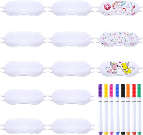 SATINIOR 10 Pcs White Eye Mask Bulk - Sleepover Party Supplies with 8 Fabric Marker Pen for DIY Decorate