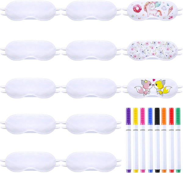 SATINIOR 10 Pcs White Eye Mask Bulk - Sleepover Party Supplies with 8 Fabric Marker Pen for DIY Decorate