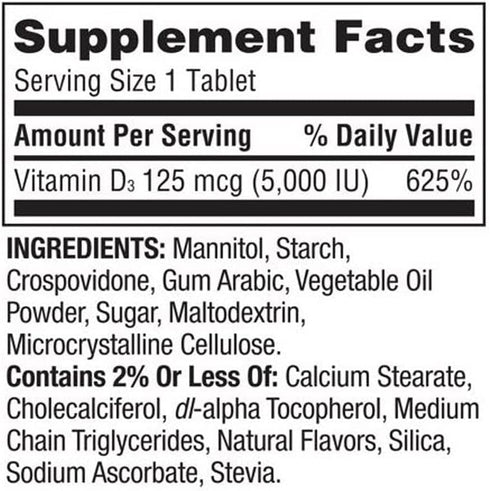 Spring Valley Extra Strength Vitamin D3 Fast Dissolve Tablets Dietary Supplement, 125 mcg (5,000 IU), Strawberry Flavor, 90 Count