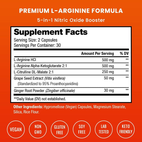 Premium L Arginine Supplement - 5-in-1 Nitric Oxide Supplement - 60 Vegan Capsules for Energy, Blood Flow, Heart Health