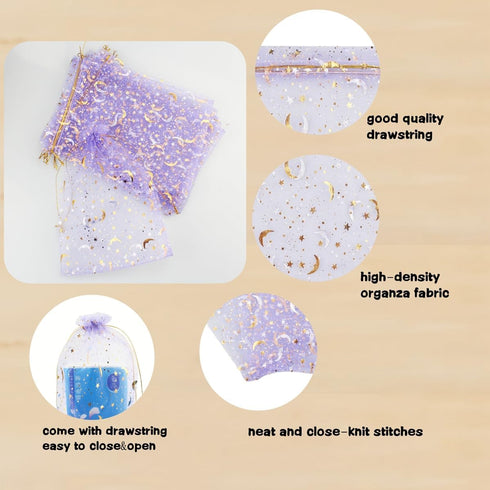 QIANHAILIZZ 100 Pack 7x9 Inch Moon Star Organza Jewelry Gift Pouch, Drawstring Wedding Favor Bags