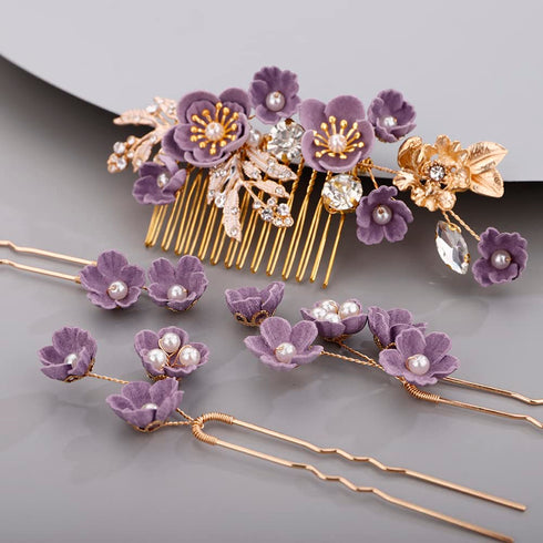 Rhinestone Flower Hair Pieces, Bridal Purple Flower Hairpins Hair Comb Set for Bride and Bridesmaid (4pcs)