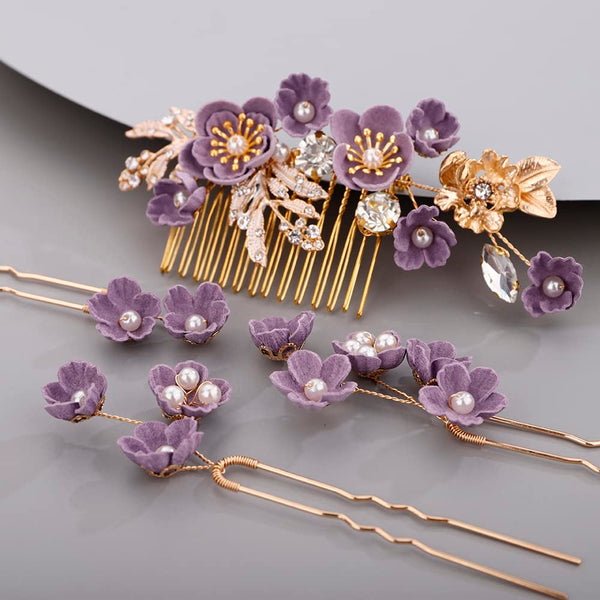 Rhinestone Flower Hair Pieces, Bridal Purple Flower Hairpins Hair Comb Set for Bride and Bridesmaid (4pcs)