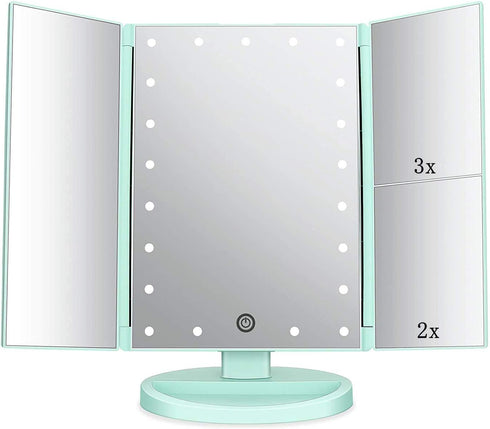 Tri-fold Lighted Vanity Makeup Mirror, 21 LEDs, 3x/2x Magnification, Touch Screen, 180 Degree Free Rotation - Green