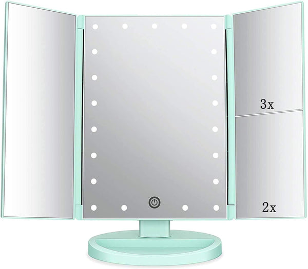 Tri-fold Lighted Vanity Makeup Mirror, 21 LEDs, 3x/2x Magnification, Touch Screen, 180 Degree Free Rotation - Green