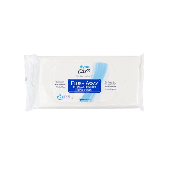 Dynarex 1322 DynaCare Flushable Wipe, Wet Bathroom Hygiene Wipe for Adults, Alcohol Free, Pack of 24, 9" x 13"