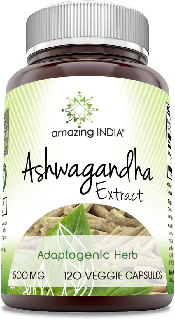 Amazing India Ashwagandha 500 mg Veggie Capsules Supplement, Non-GMO, Gluten Free, 120 Count