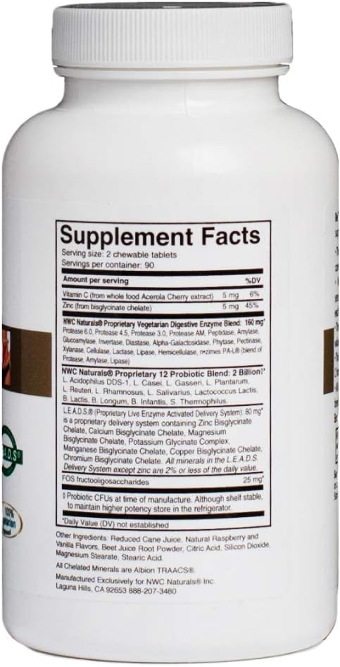 Belly-Ease Healthy Digestive Enzymes Plus Prebiotics & Probiotics, 180 Count Chewable Tablets