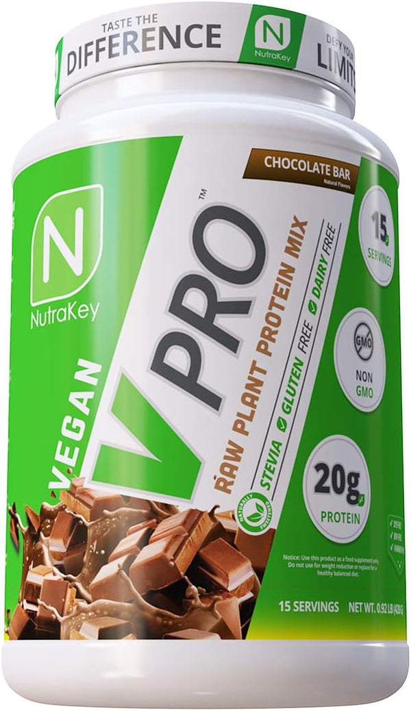 NutraKey V-Pro Raw Plant Protein Powder, Organic, Vegan, Low Carb, Gluten Free with 20g Protein (Chocolate, 2-Pound)
