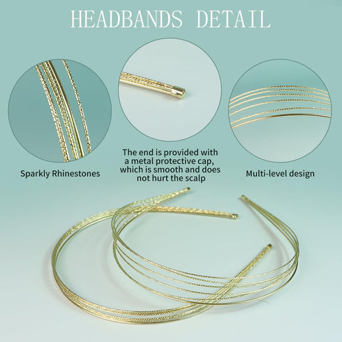 Multi Layers Metal Headbands for Women - Set of 2 Elegant Gold Tone Head Bands with Rhinestones for Bridal and Special