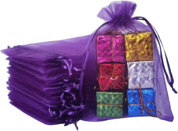 100pcs Organza Drawstring Gift Bags - 5x7 Inches Sheer Fabric Mesh Purple Pull String Sack for Jewelry, Party Favors