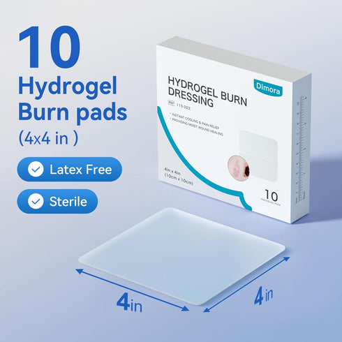 Dimora Hydrogel Burn Dressing 4" x 4" - Instant Cooling Relief for Minor Burns & Wounds, Soothing Moist Burn Pads for