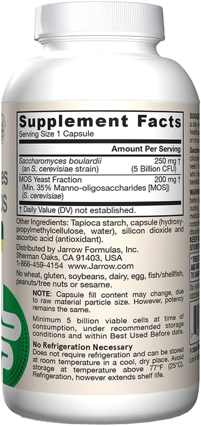 Jarrow Formulas Saccharomyces Boulardii Probiotics + MOS, 180 Veggie Capsules, 5 Billion CFU Probiotic Yeast for Gut