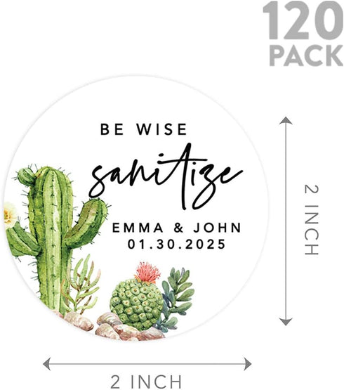 Stickers,120-Pack Andaz Press Wedding Personalized Round Circle Label Stickers, Be Wise Sanitize, Custom Names, Date