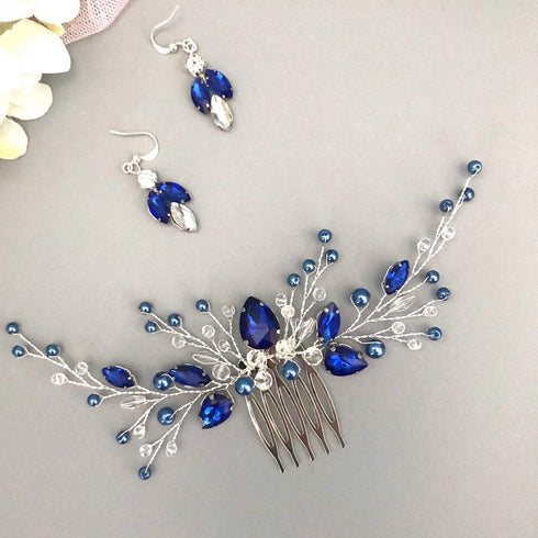 Women Royal Sapphire Crystal Blue Pearl Earring Hair Vine Set, Silver Wedding Hair Accessory for Bride