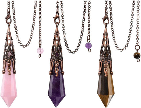 Jovivi 3pcs Natural Amethyst Rose Quartz Crystal - 12 Faceted Therapy Healing Dowsing Pendulum with Chain