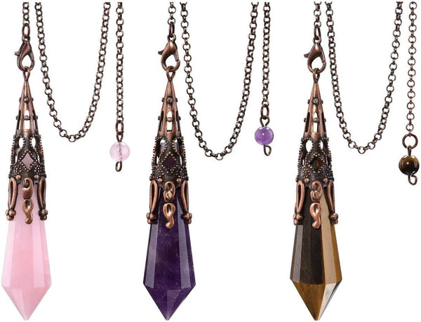 Jovivi 3pcs Natural Amethyst Rose Quartz Crystal - 12 Faceted Therapy Healing Dowsing Pendulum with Chain